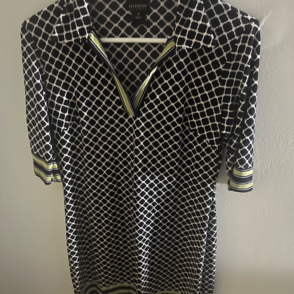 Enfocus Studio Black & White Geometric dress with Lime Trim